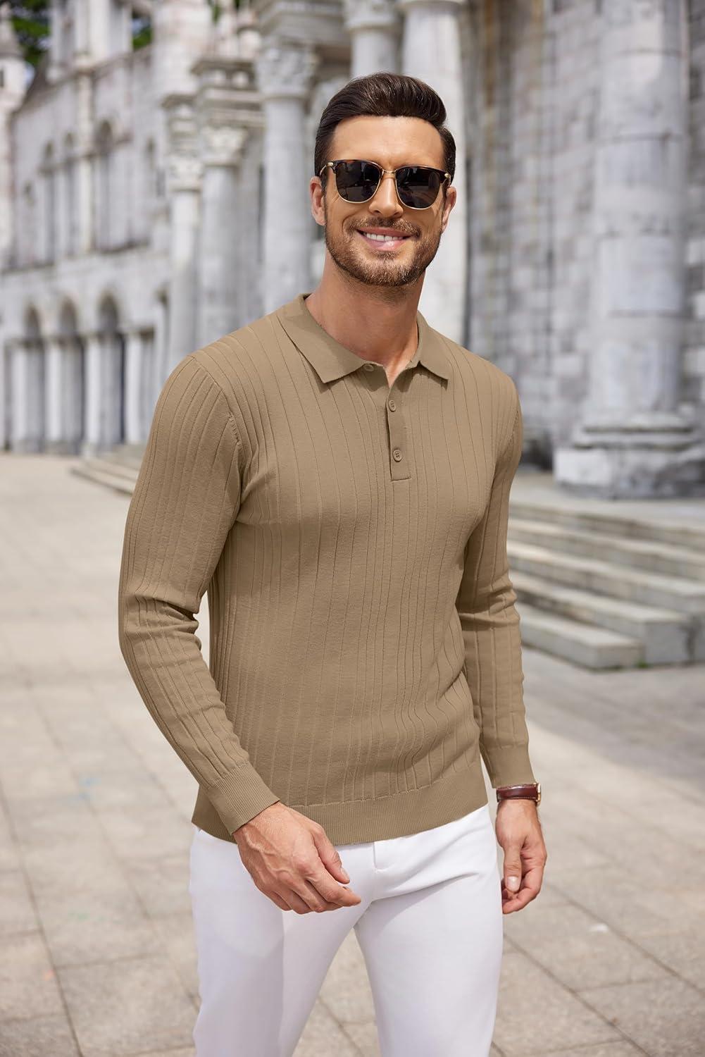 imageCOOFANDY Mens Knit Polo Shirts Long Sleeve Casual Button Down Ribbed Polo Shirt Fashion Golf ShirtsLight Brown