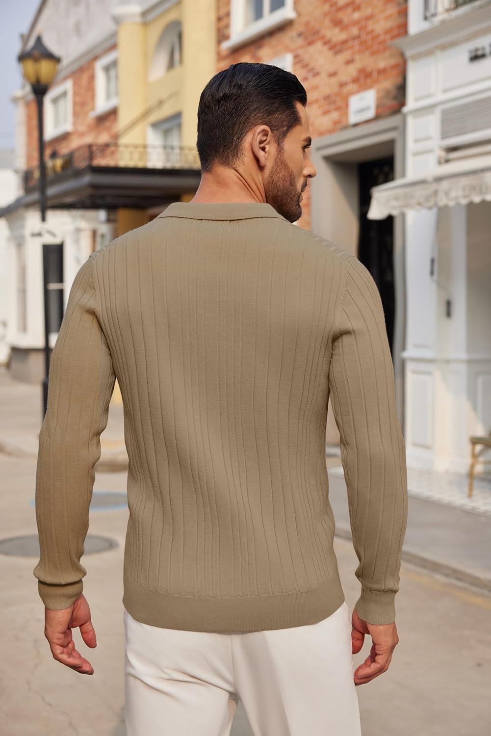 imageCOOFANDY Mens Knit Polo Shirts Long Sleeve Casual Button Down Ribbed Polo Shirt Fashion Golf ShirtsLight Brown