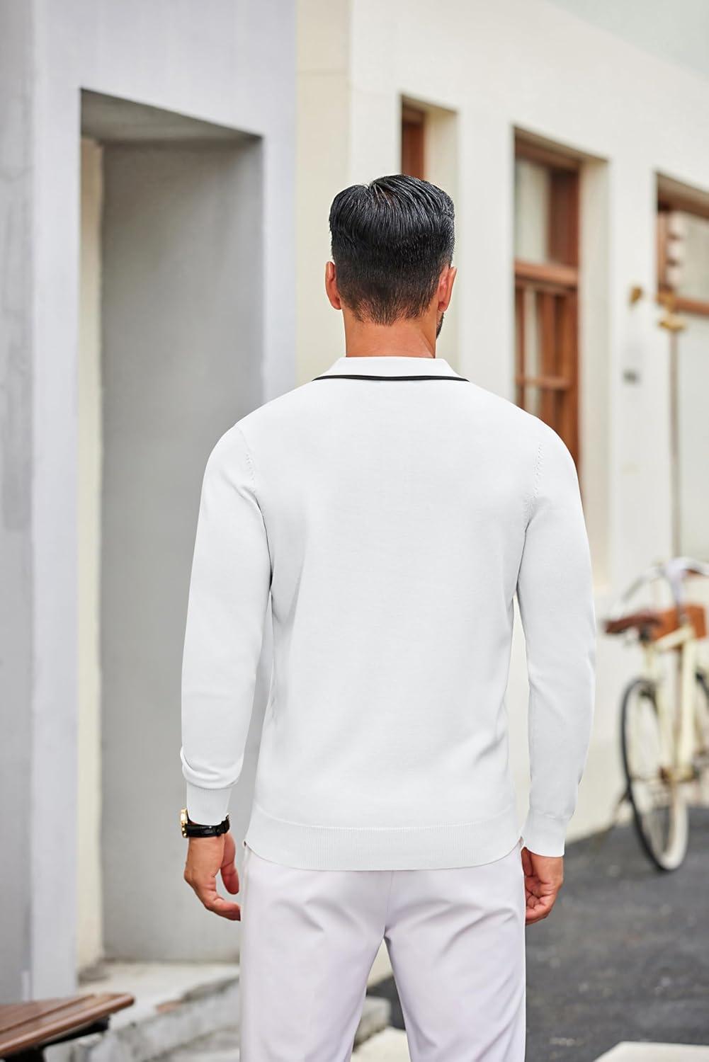 imageCOOFANDY Mens Knit Polo Sweater Casual Long Sleeve Polo Sweater Lightweight Button Down Golf Pullover SweatersWhite