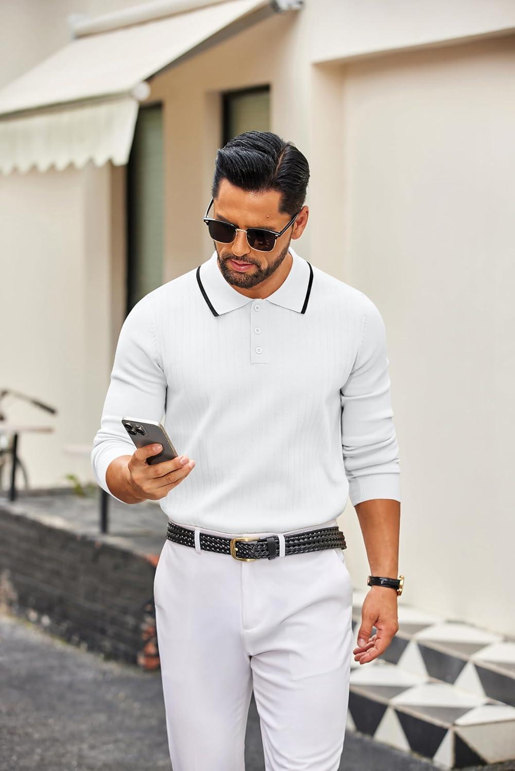 imageCOOFANDY Mens Knit Polo Sweater Casual Long Sleeve Polo Sweater Lightweight Button Down Golf Pullover SweatersWhite