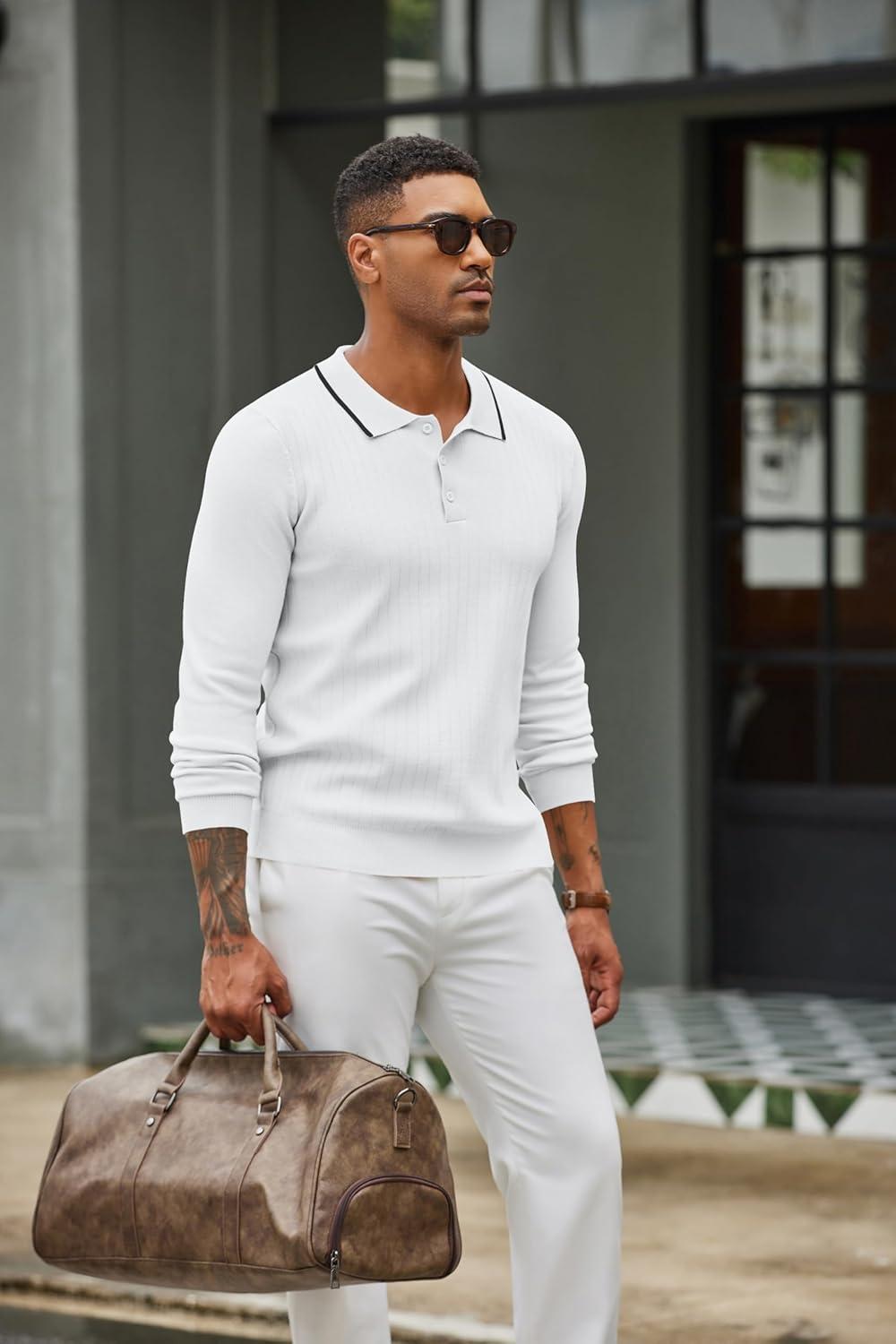 imageCOOFANDY Mens Knit Polo Sweater Casual Long Sleeve Polo Sweater Lightweight Button Down Golf Pullover SweatersWhite