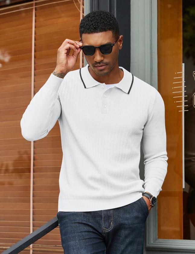 imageCOOFANDY Mens Knit Polo Sweater Casual Long Sleeve Polo Sweater Lightweight Button Down Golf Pullover SweatersWhite