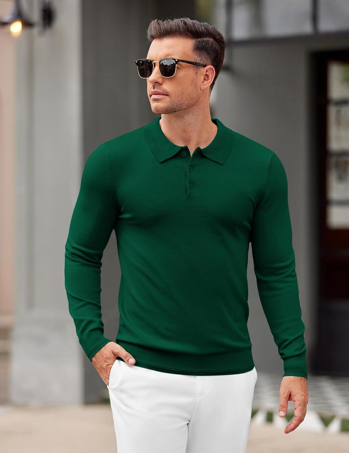 imageCOOFANDY Mens Knit Polo Sweater Long Sleeve Casual Golf Polo Lightweight Dress Button Collar Pullover SweatersDark Green