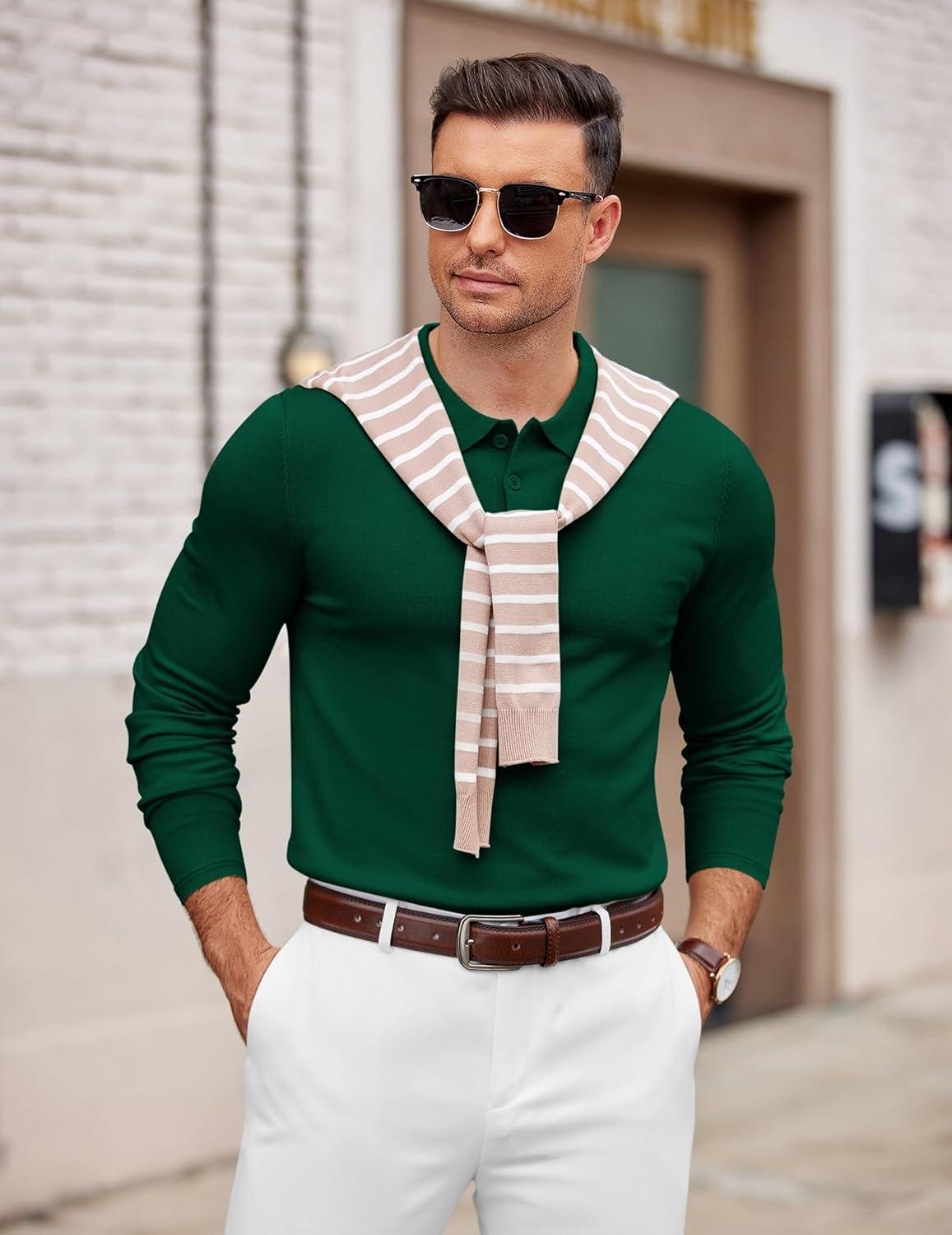 imageCOOFANDY Mens Knit Polo Sweater Long Sleeve Casual Golf Polo Lightweight Dress Button Collar Pullover SweatersDark Green