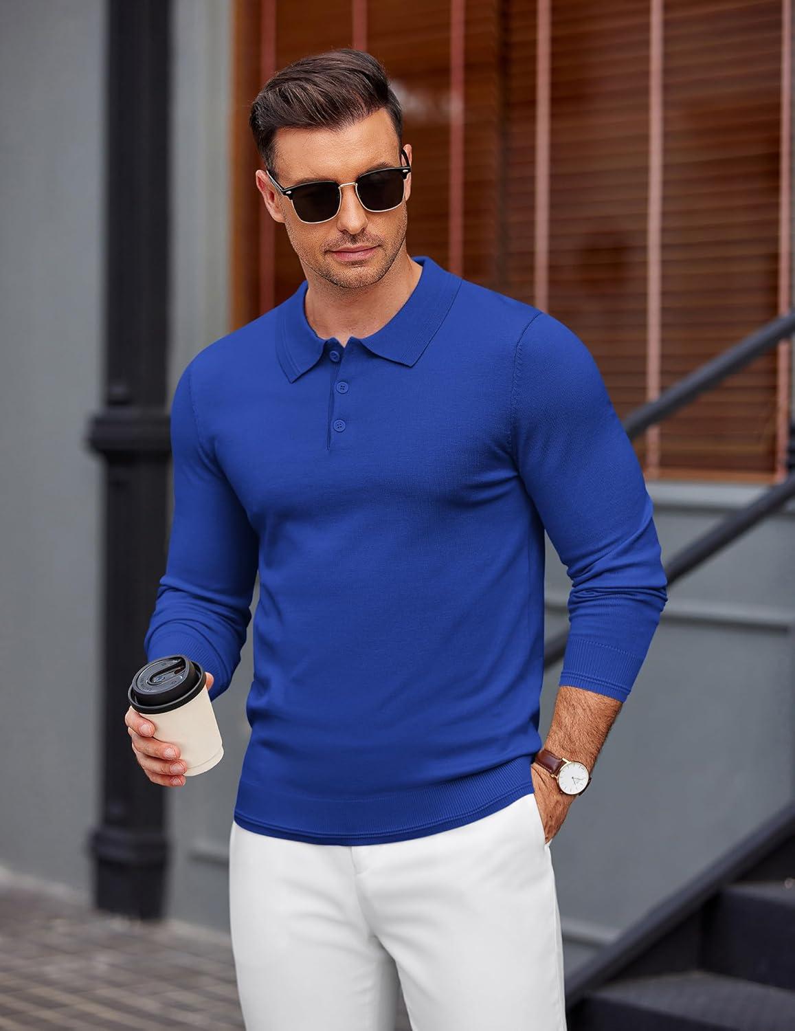imageCOOFANDY Mens Knit Polo Sweater Long Sleeve Casual Golf Polo Lightweight Dress Button Collar Pullover SweatersRoyal Blue