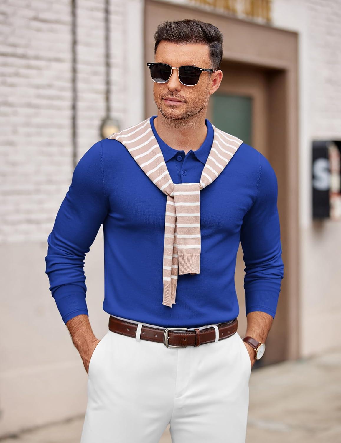 imageCOOFANDY Mens Knit Polo Sweater Long Sleeve Casual Golf Polo Lightweight Dress Button Collar Pullover SweatersRoyal Blue