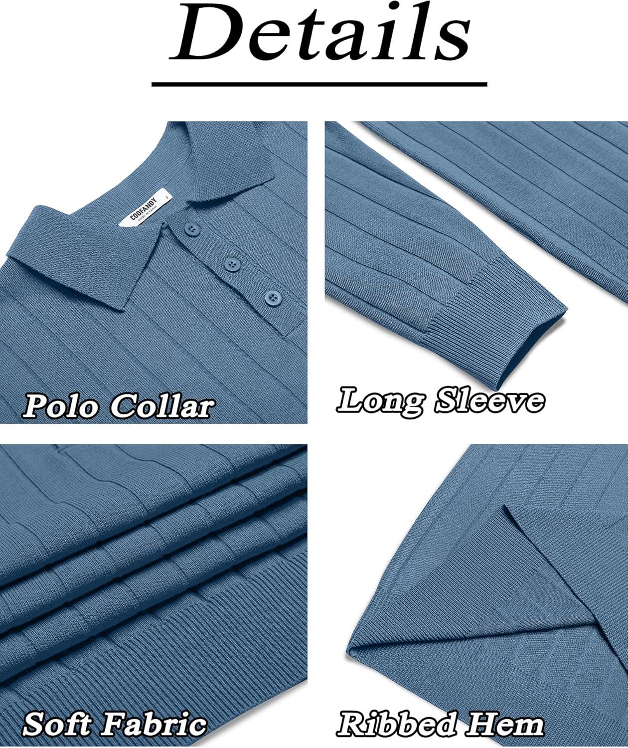 imageCOOFANDY Mens Knit Polo Sweater Long Sleeve Polos Lightweight Casual Dress Pullover SweatersBlue