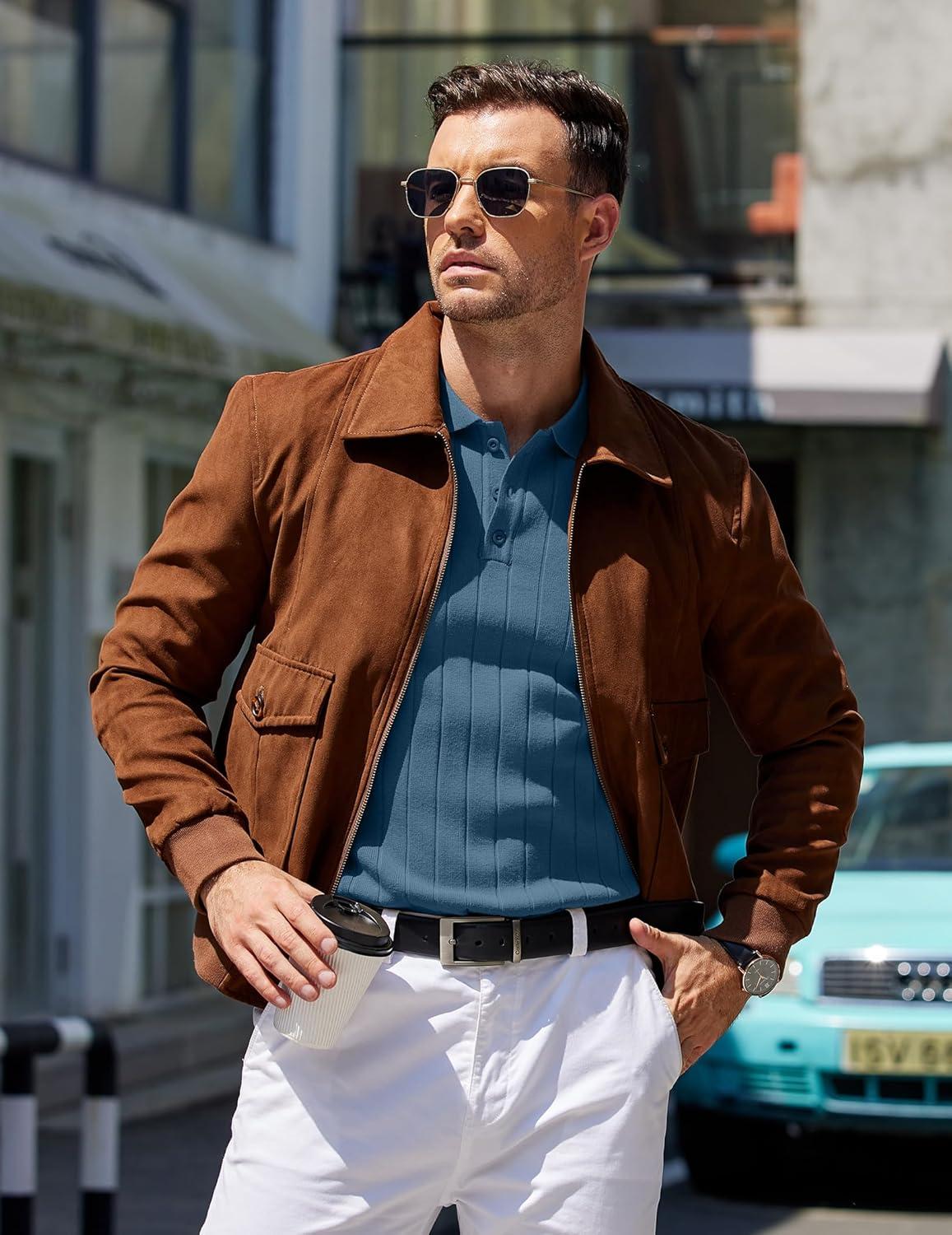 imageCOOFANDY Mens Knit Polo Sweater Long Sleeve Polos Lightweight Casual Dress Pullover SweatersBlue