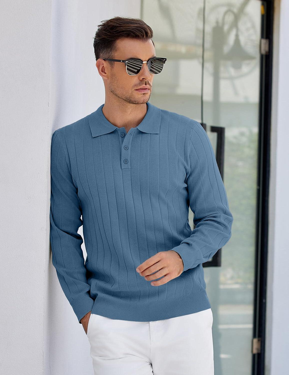 imageCOOFANDY Mens Knit Polo Sweater Long Sleeve Polos Lightweight Casual Dress Pullover SweatersBlue