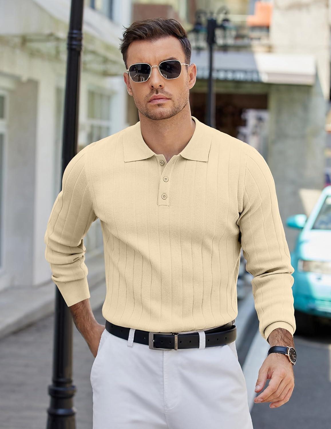 imageCOOFANDY Mens Knit Polo Sweater Long Sleeve Polos Lightweight Casual Dress Pullover SweatersChampagne