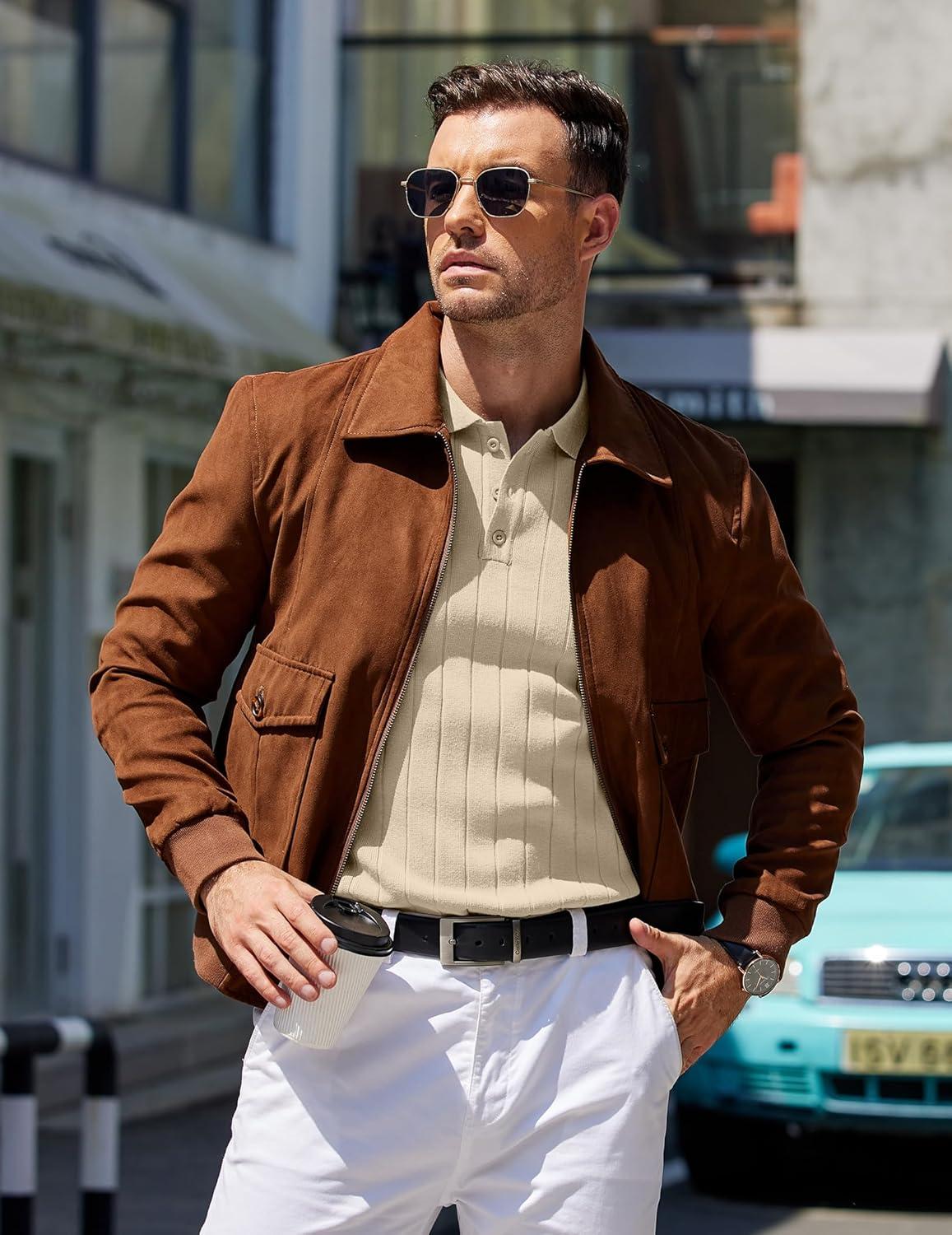 imageCOOFANDY Mens Knit Polo Sweater Long Sleeve Polos Lightweight Casual Dress Pullover SweatersChampagne