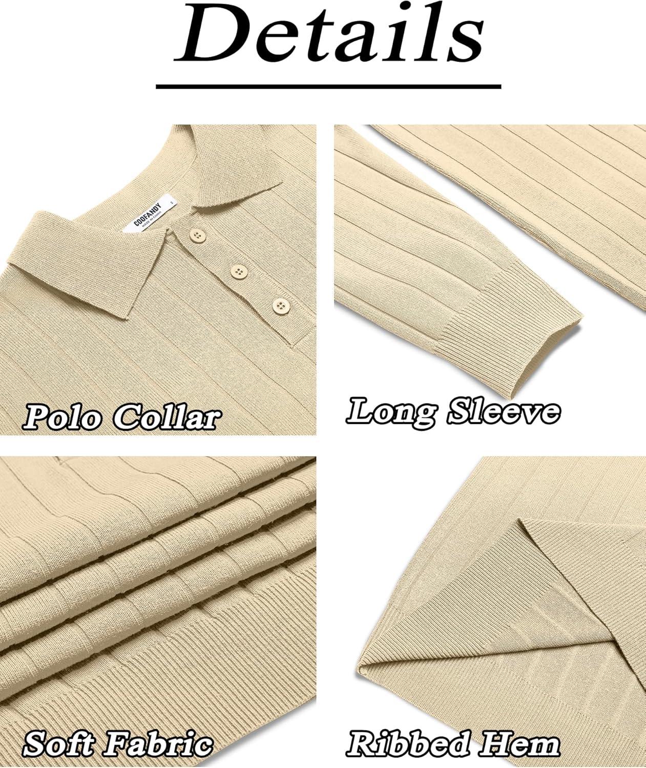 imageCOOFANDY Mens Knit Polo Sweater Long Sleeve Polos Lightweight Casual Dress Pullover SweatersChampagne