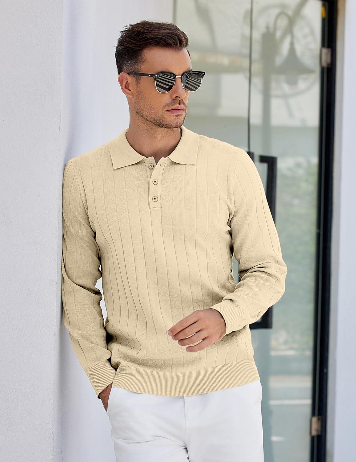 imageCOOFANDY Mens Knit Polo Sweater Long Sleeve Polos Lightweight Casual Dress Pullover SweatersChampagne