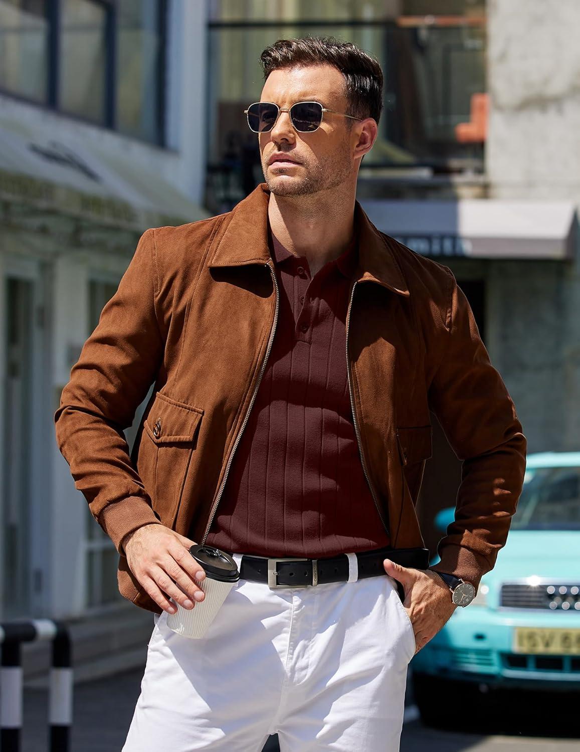 imageCOOFANDY Mens Knit Polo Sweater Long Sleeve Polos Lightweight Casual Dress Pullover SweatersCoffee