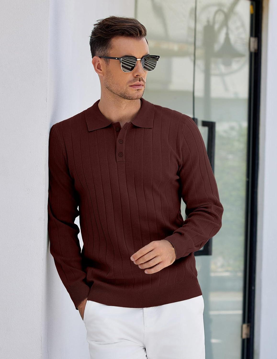 imageCOOFANDY Mens Knit Polo Sweater Long Sleeve Polos Lightweight Casual Dress Pullover SweatersCoffee