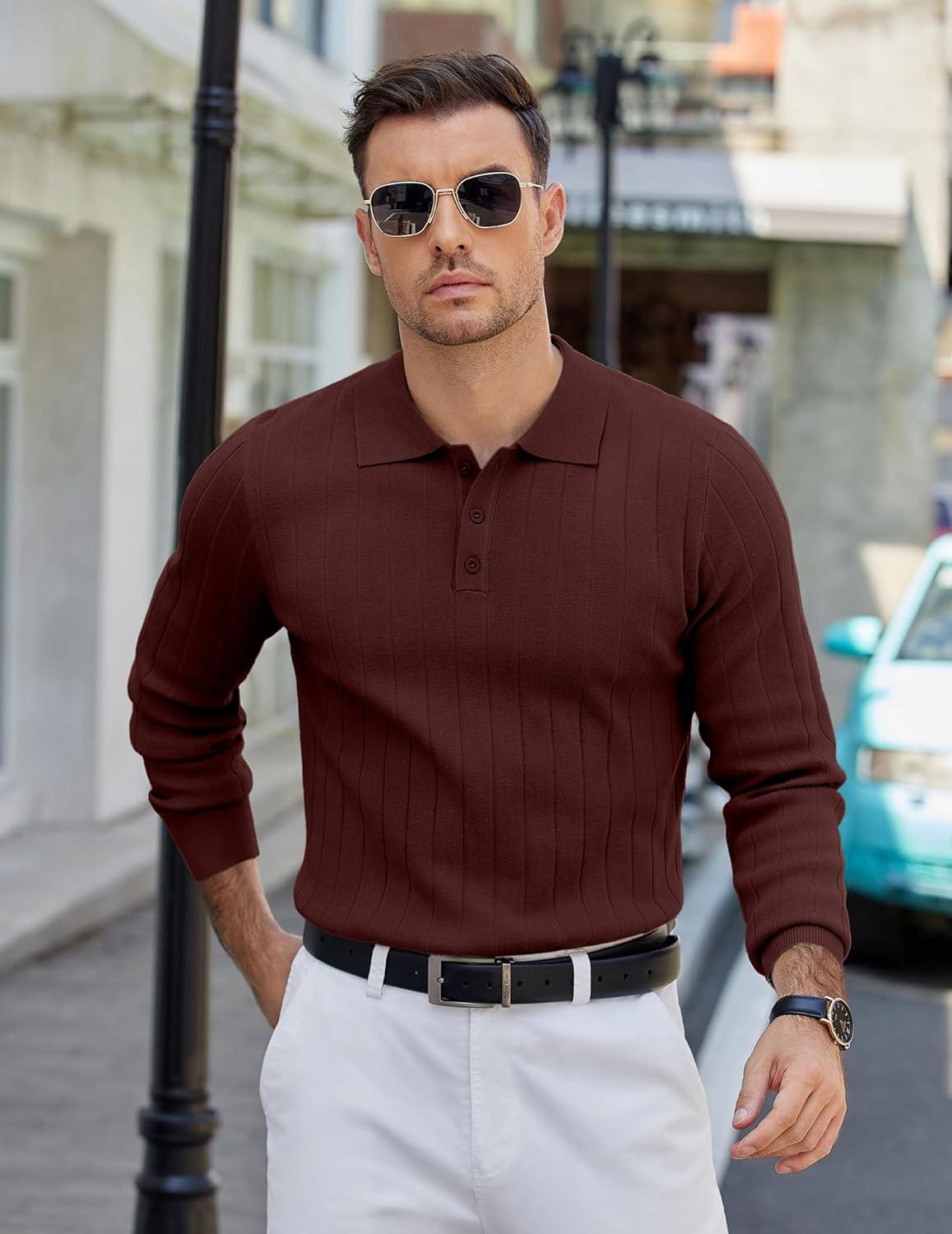 imageCOOFANDY Mens Knit Polo Sweater Long Sleeve Polos Lightweight Casual Dress Pullover SweatersCoffee