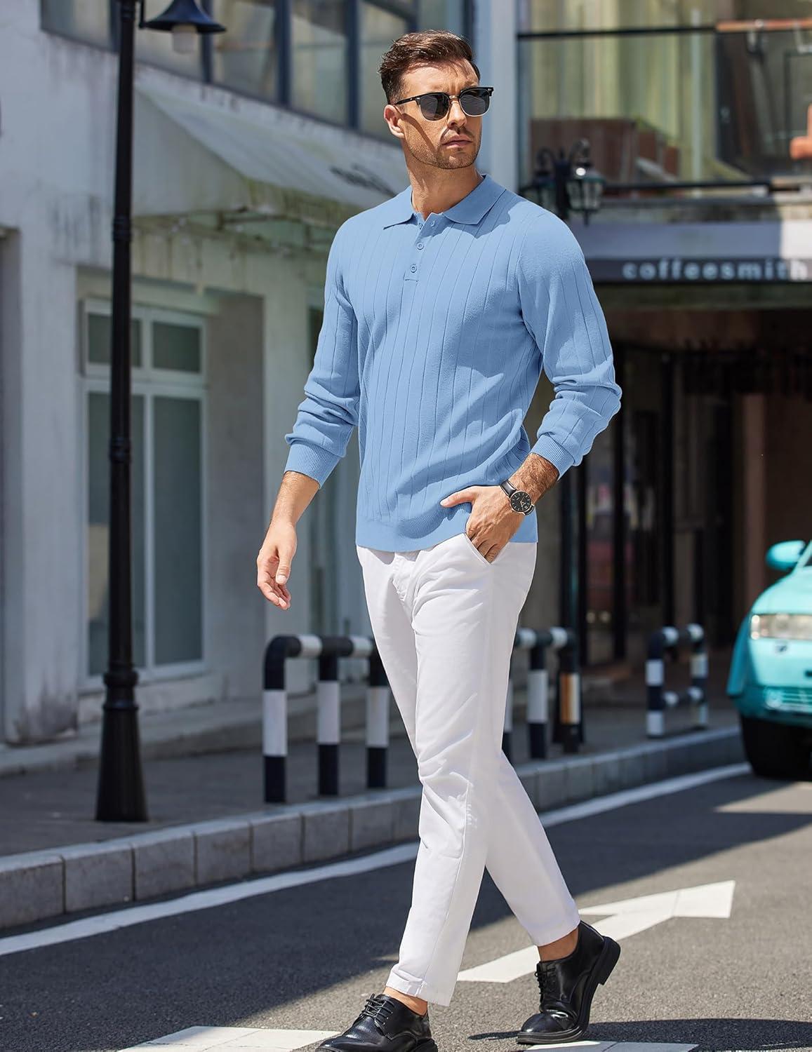 imageCOOFANDY Mens Knit Polo Sweater Long Sleeve Polos Lightweight Casual Dress Pullover SweatersLight Blue