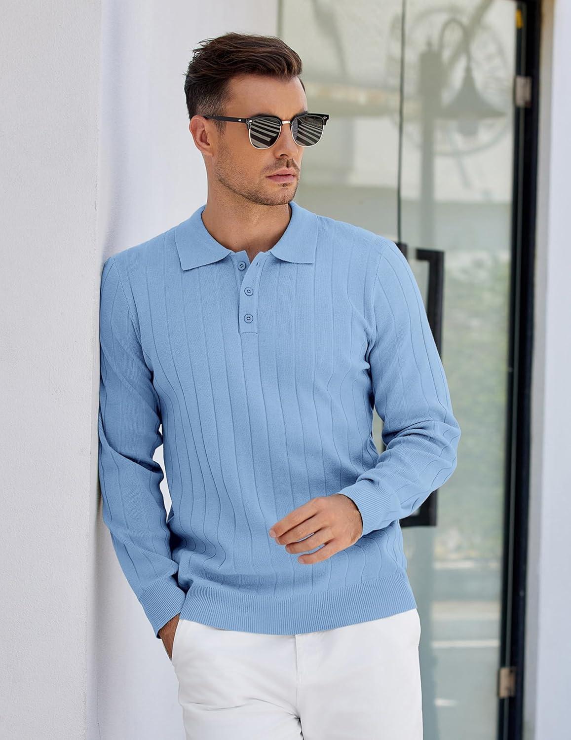 imageCOOFANDY Mens Knit Polo Sweater Long Sleeve Polos Lightweight Casual Dress Pullover SweatersLight Blue