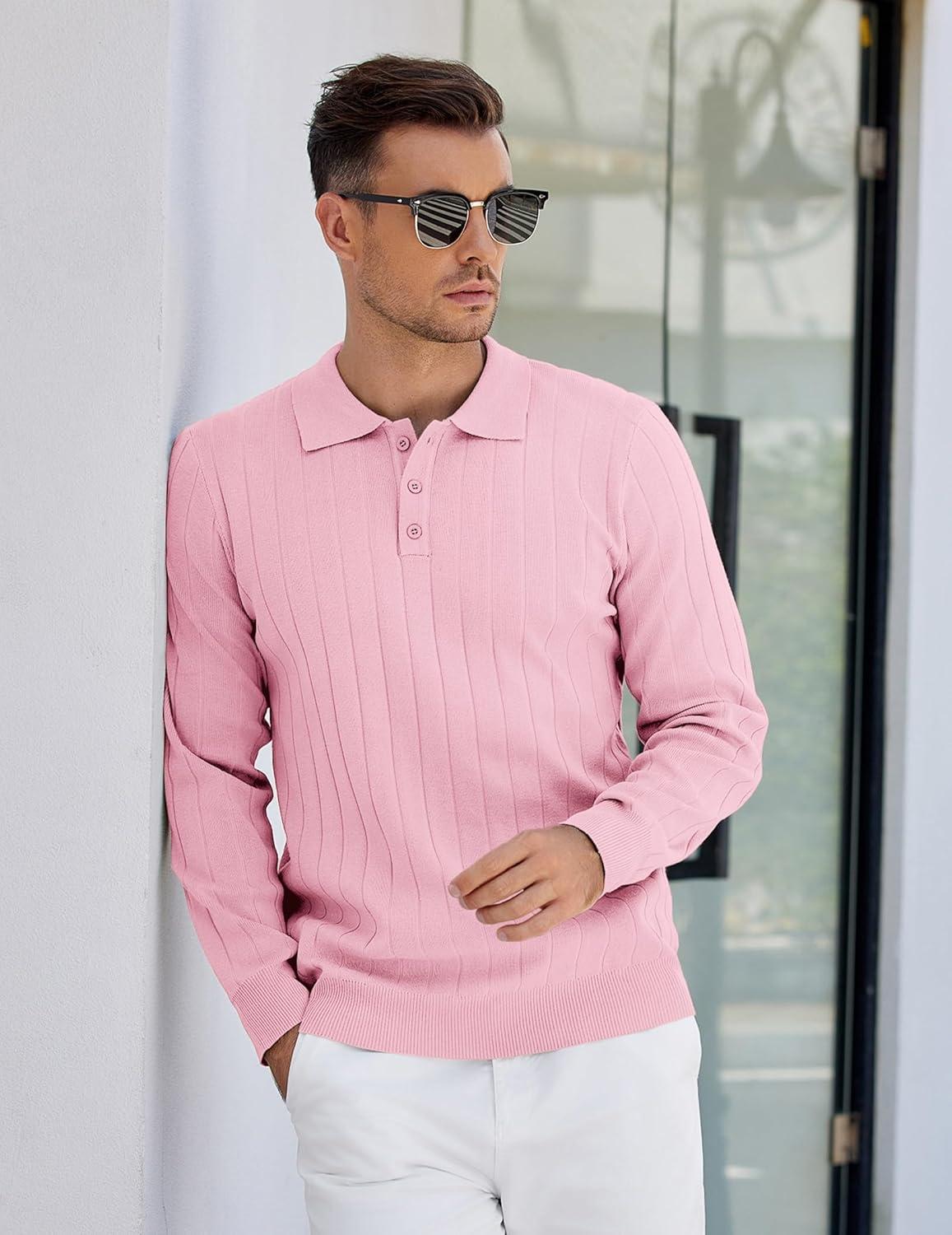 imageCOOFANDY Mens Knit Polo Sweater Long Sleeve Polos Lightweight Casual Dress Pullover SweatersPink