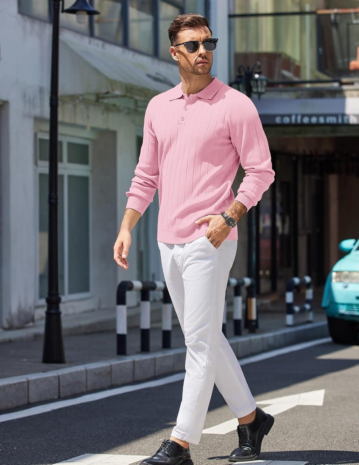 imageCOOFANDY Mens Knit Polo Sweater Long Sleeve Polos Lightweight Casual Dress Pullover SweatersPink
