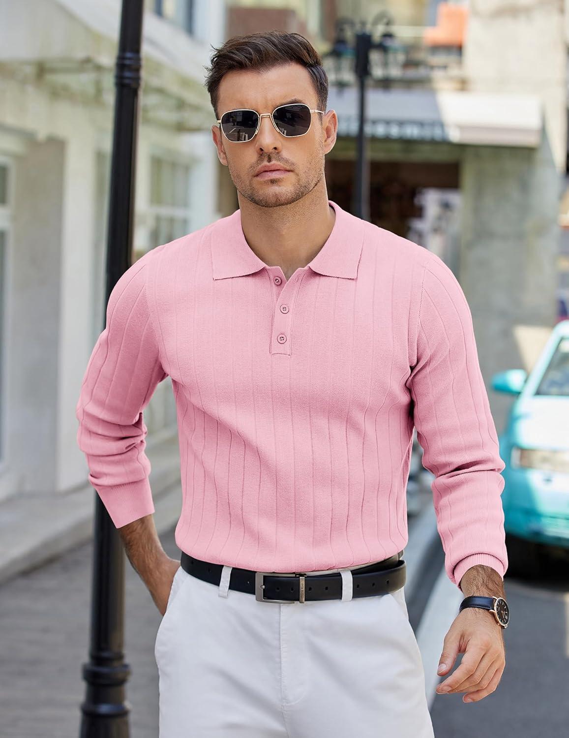 imageCOOFANDY Mens Knit Polo Sweater Long Sleeve Polos Lightweight Casual Dress Pullover SweatersPink