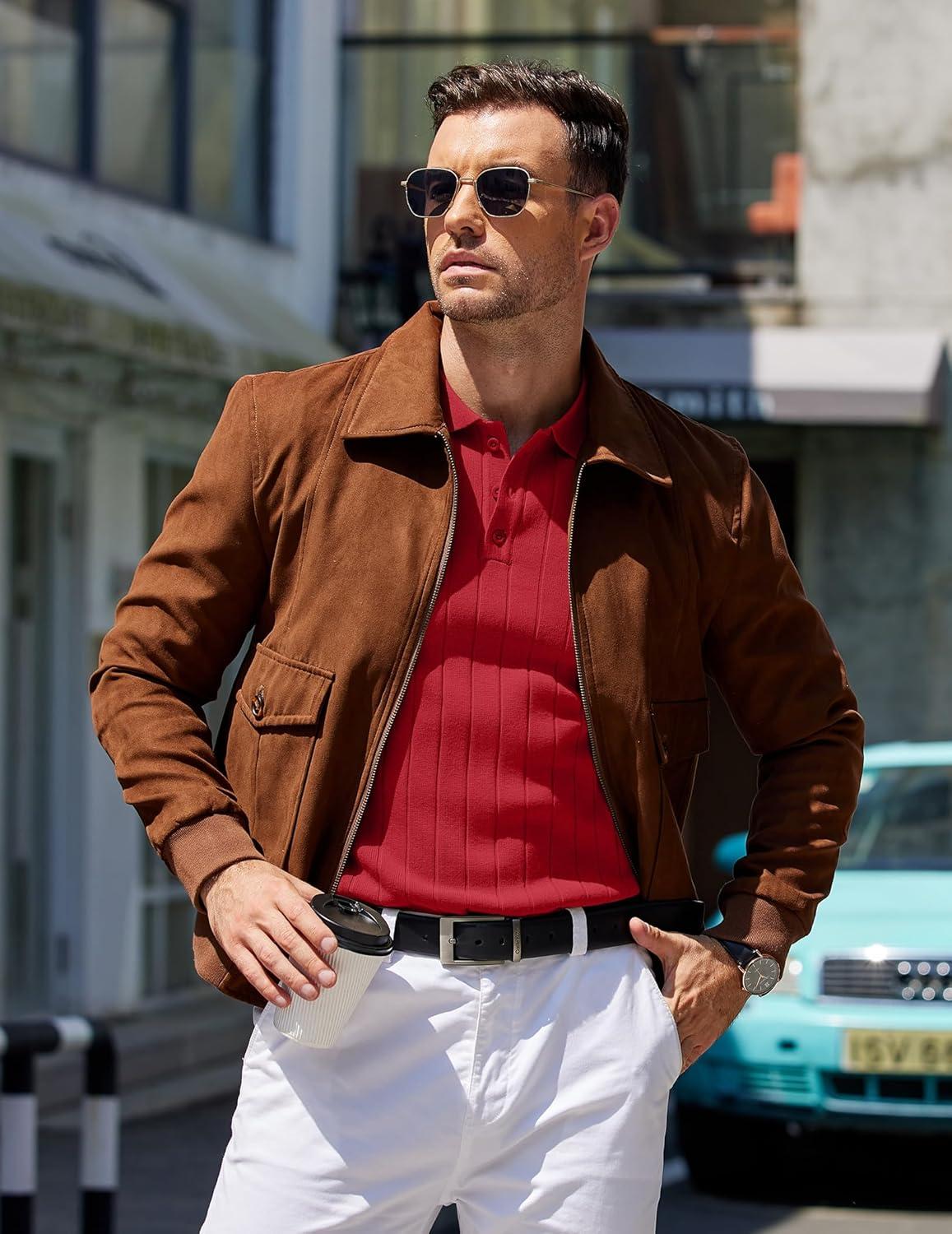 imageCOOFANDY Mens Knit Polo Sweater Long Sleeve Polos Lightweight Casual Dress Pullover SweatersRed