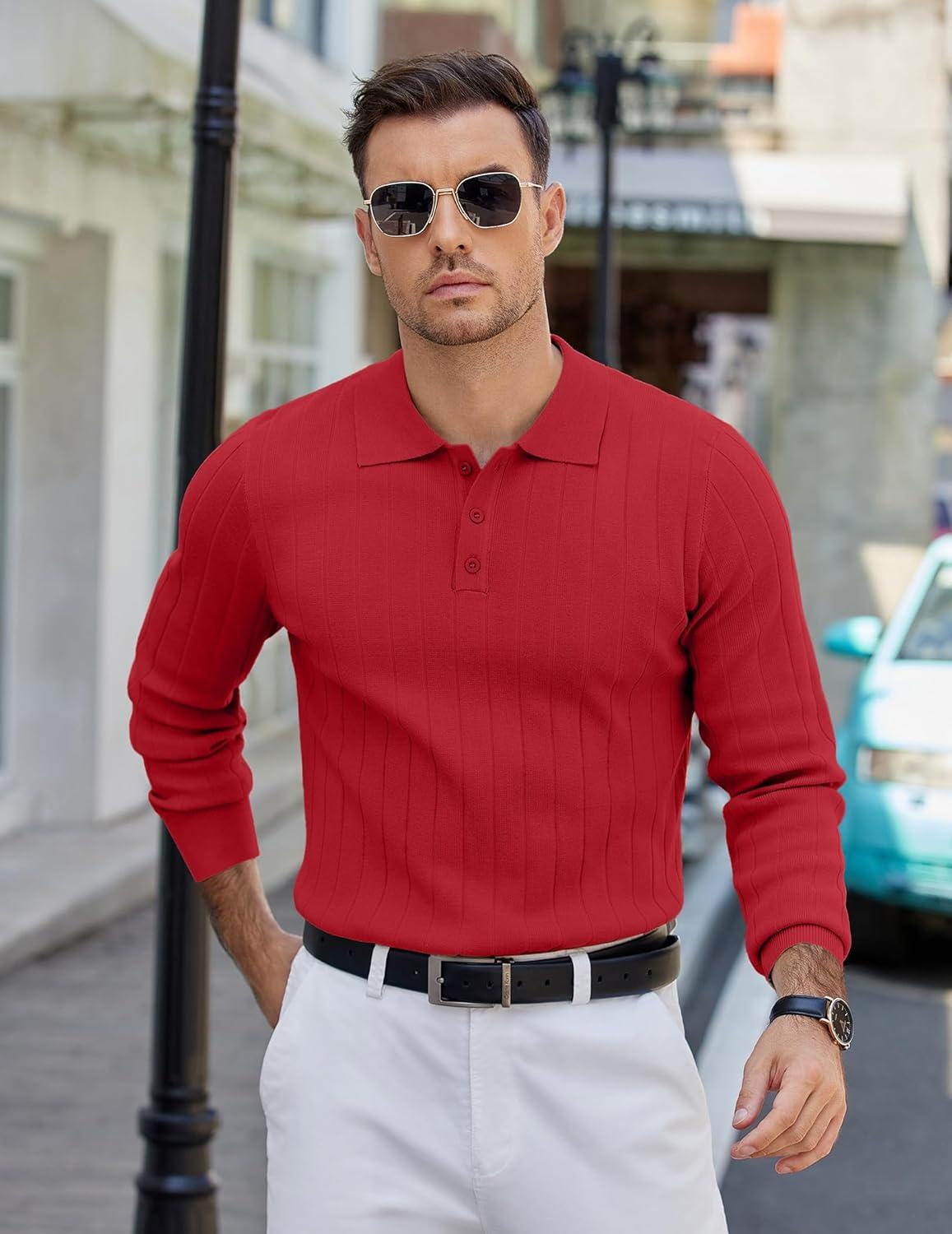 imageCOOFANDY Mens Knit Polo Sweater Long Sleeve Polos Lightweight Casual Dress Pullover SweatersRed
