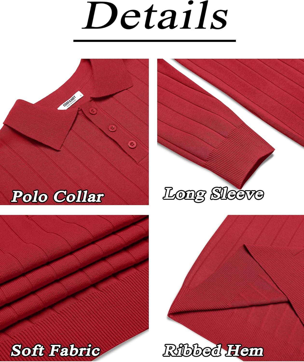 imageCOOFANDY Mens Knit Polo Sweater Long Sleeve Polos Lightweight Casual Dress Pullover SweatersRed