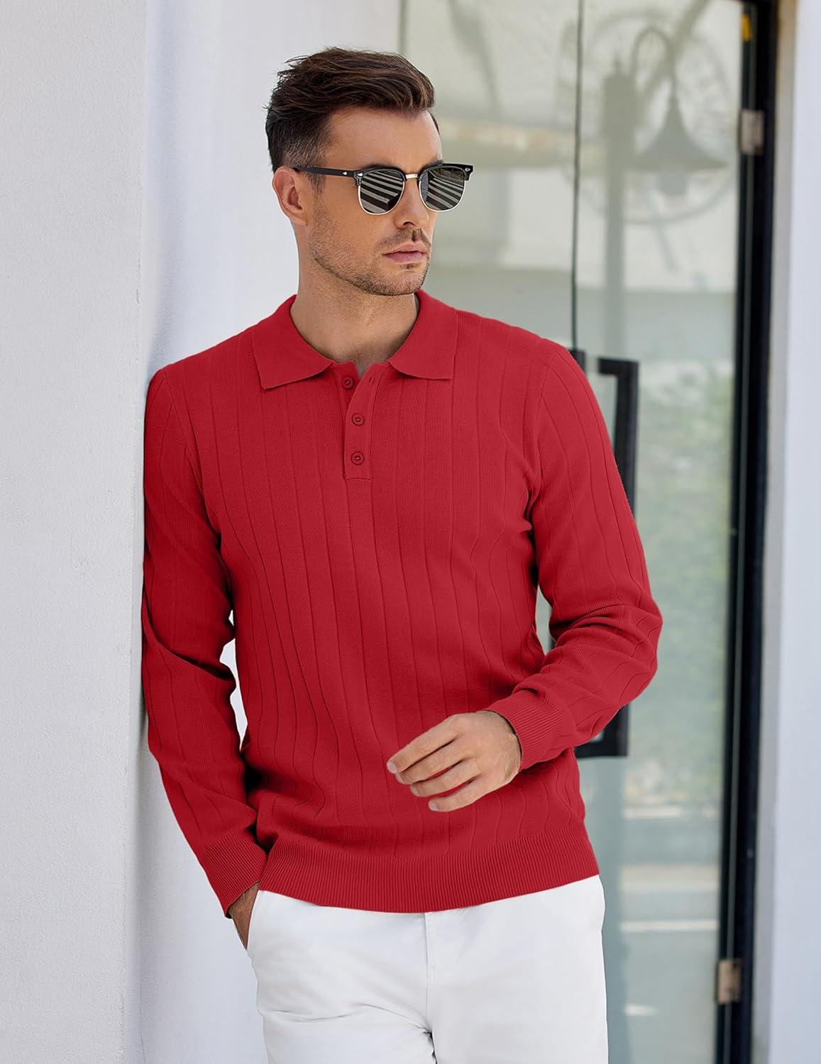 imageCOOFANDY Mens Knit Polo Sweater Long Sleeve Polos Lightweight Casual Dress Pullover SweatersRed