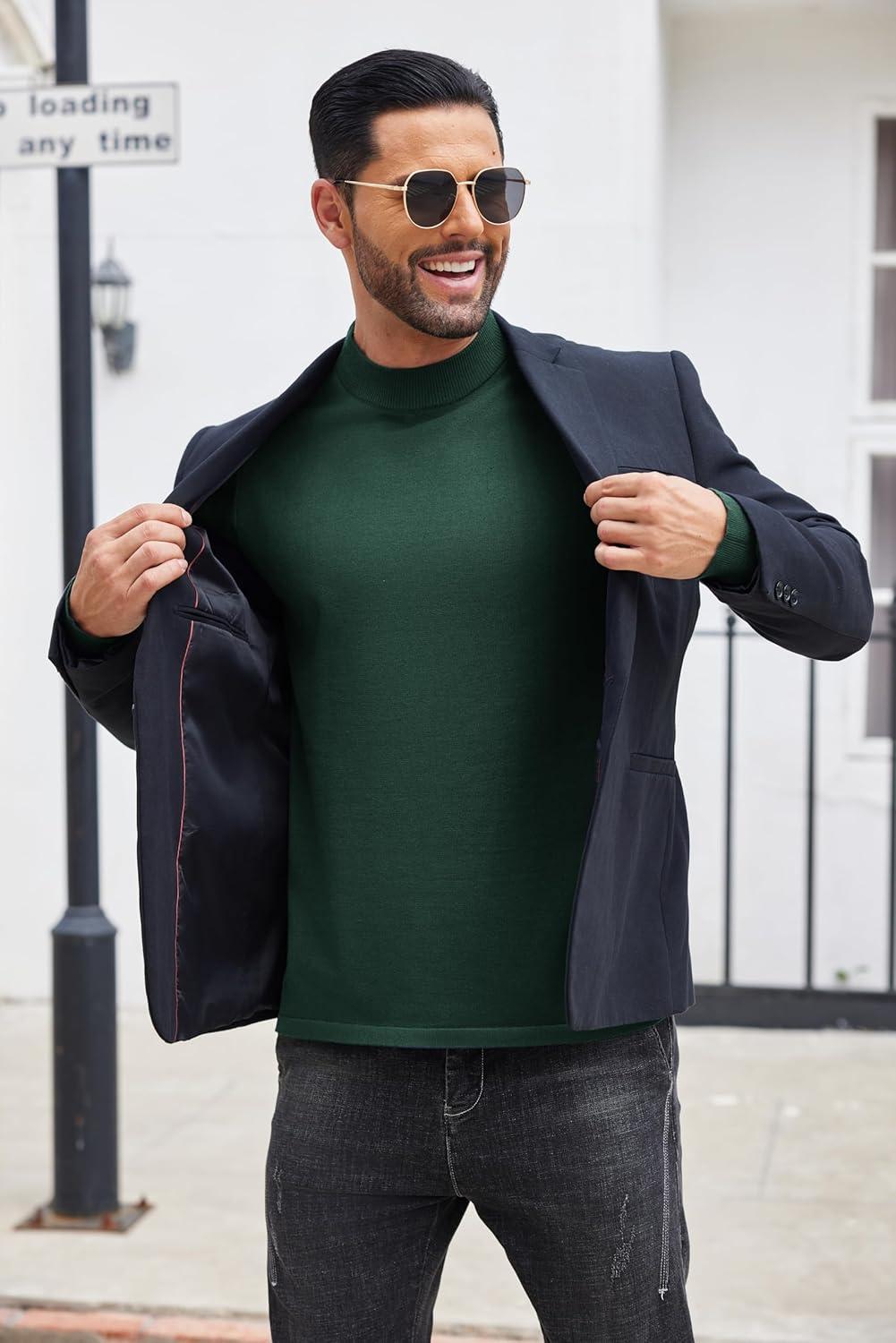 imageCOOFANDY Mens Mock Turtleneck Sweaters Long Sleeve Casual Knit Shirts Half Neck Thermal Lightweight Pullover SweaterDark Green