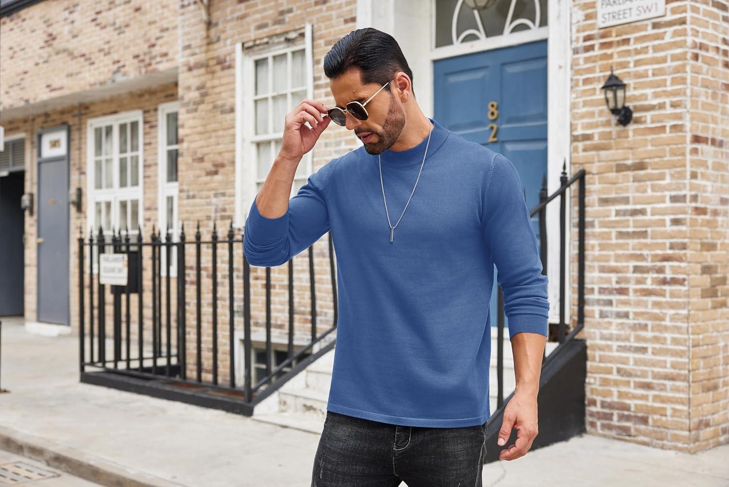 imageCOOFANDY Mens Mock Turtleneck Sweaters Long Sleeve Casual Knit Shirts Half Neck Thermal Lightweight Pullover SweaterDenim Blue