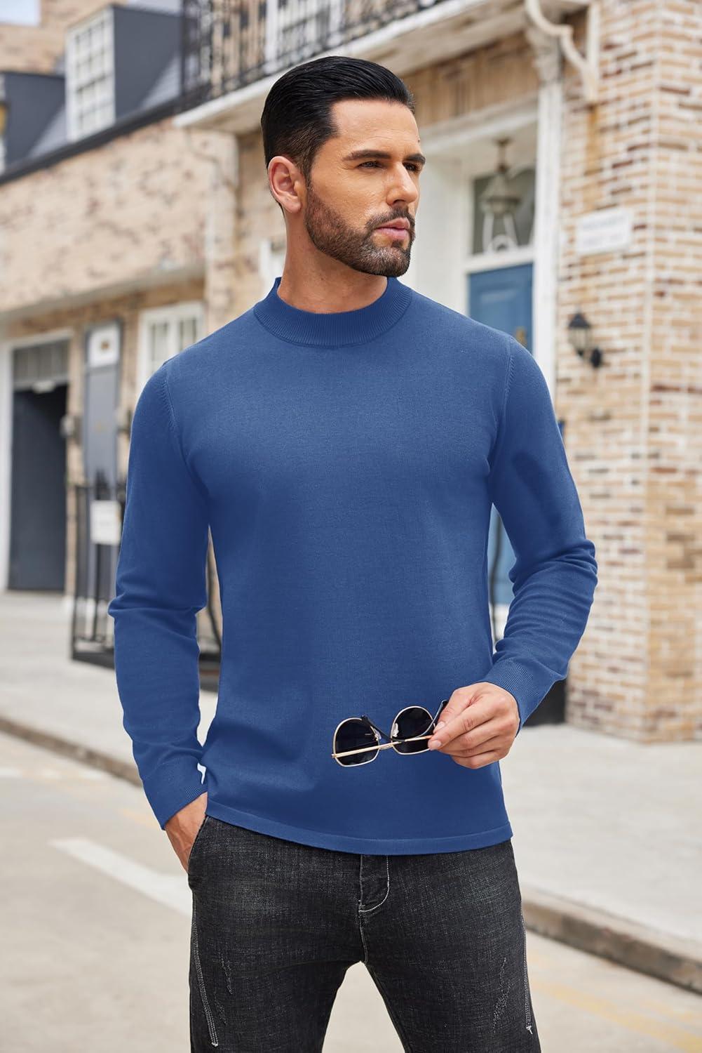 imageCOOFANDY Mens Mock Turtleneck Sweaters Long Sleeve Casual Knit Shirts Half Neck Thermal Lightweight Pullover SweaterDenim Blue