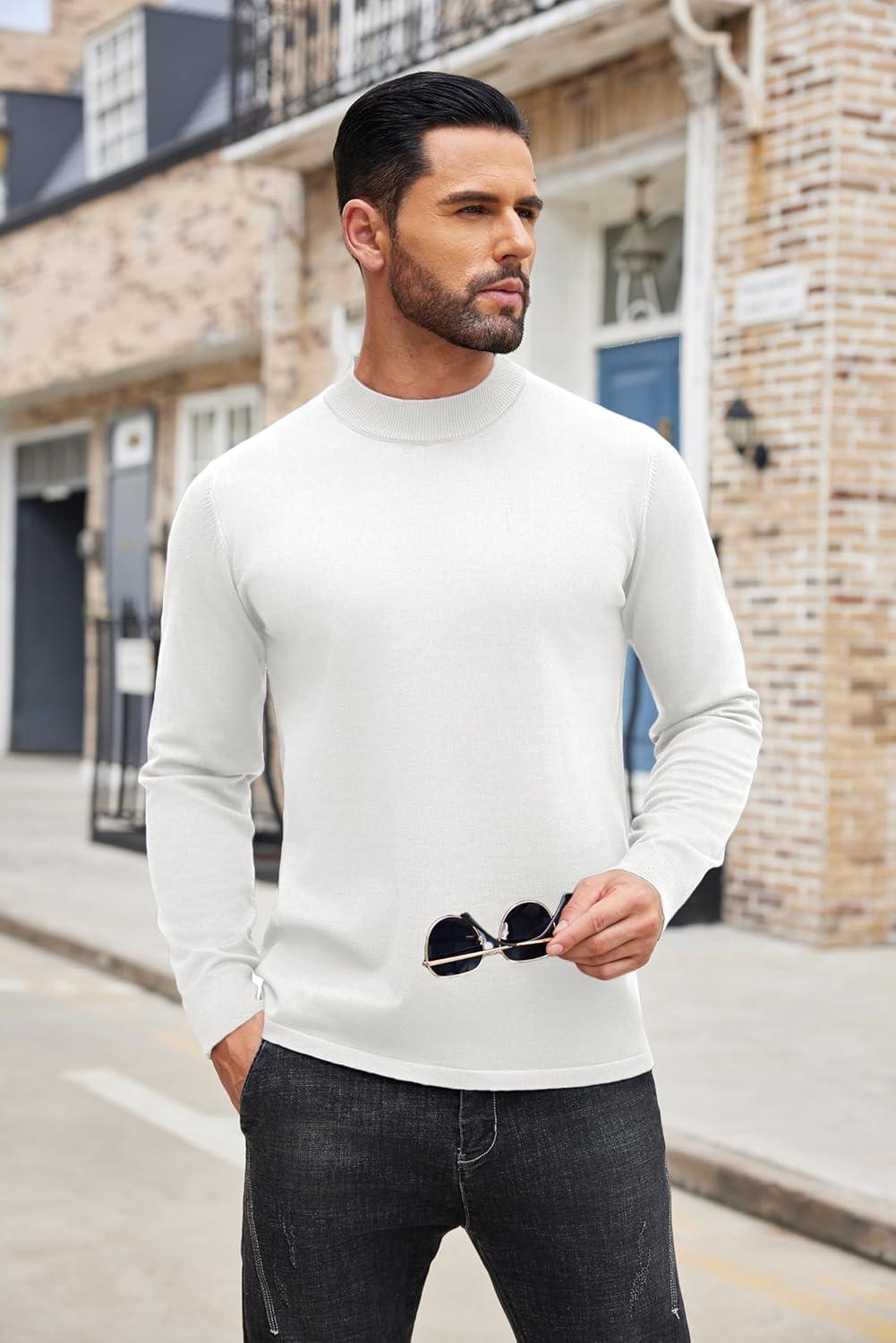 imageCOOFANDY Mens Mock Turtleneck Sweaters Long Sleeve Casual Knit Shirts Half Neck Thermal Lightweight Pullover SweaterWhite