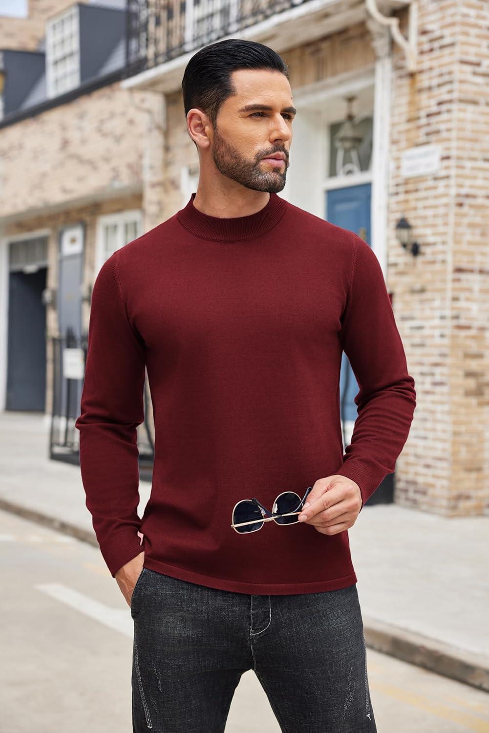 imageCOOFANDY Mens Mock Turtleneck Sweaters Long Sleeve Casual Knit Shirts Half Neck Thermal Lightweight Pullover SweaterWine Red
