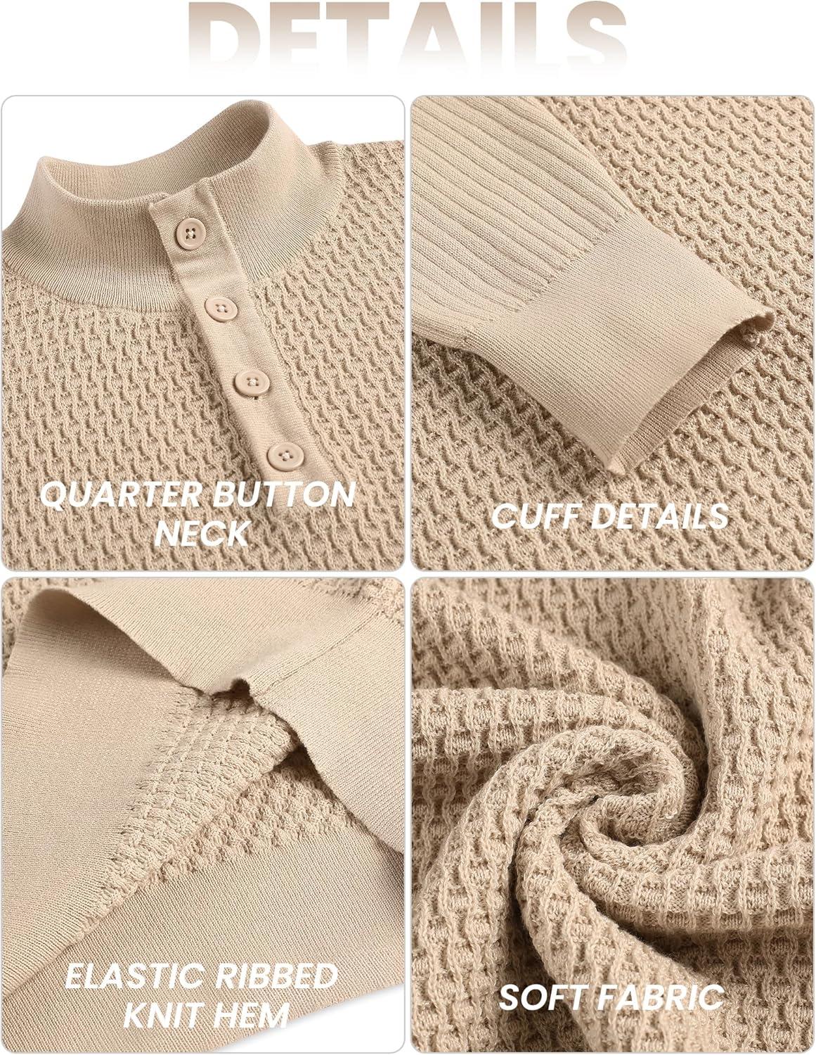 imageCOOFANDY Mens Quarter Button Sweater Lightweight Mock Neck Pullover Sweater Fashion Casual Knitted Waffle Henley SweaterApricot