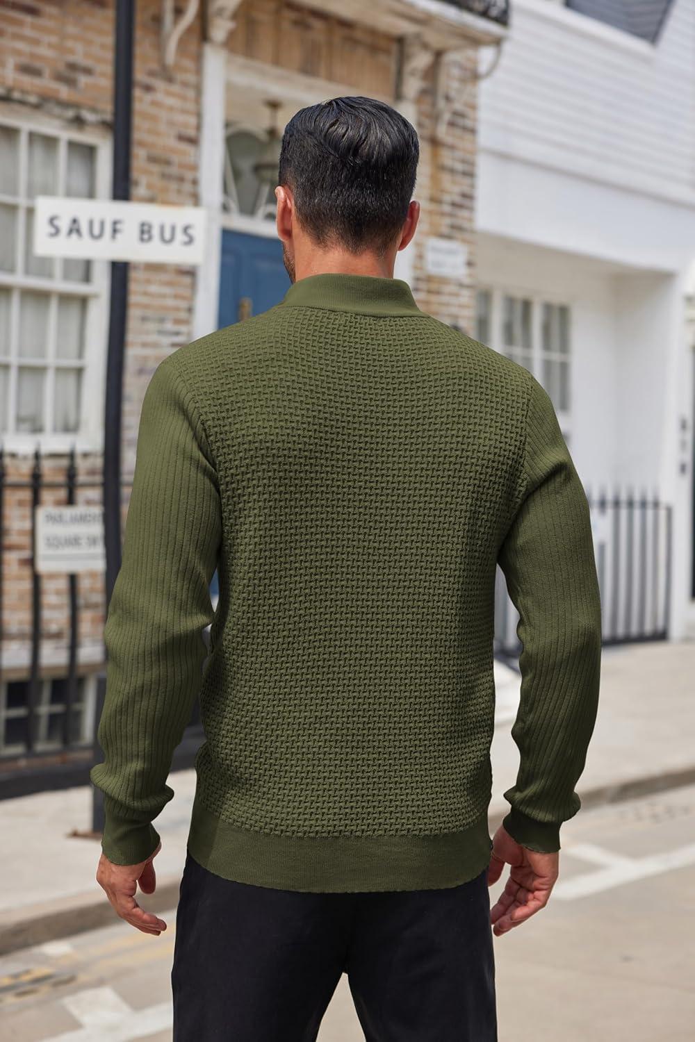 imageCOOFANDY Mens Quarter Button Sweater Lightweight Mock Neck Pullover Sweater Fashion Casual Knitted Waffle Henley SweaterArmy Green
