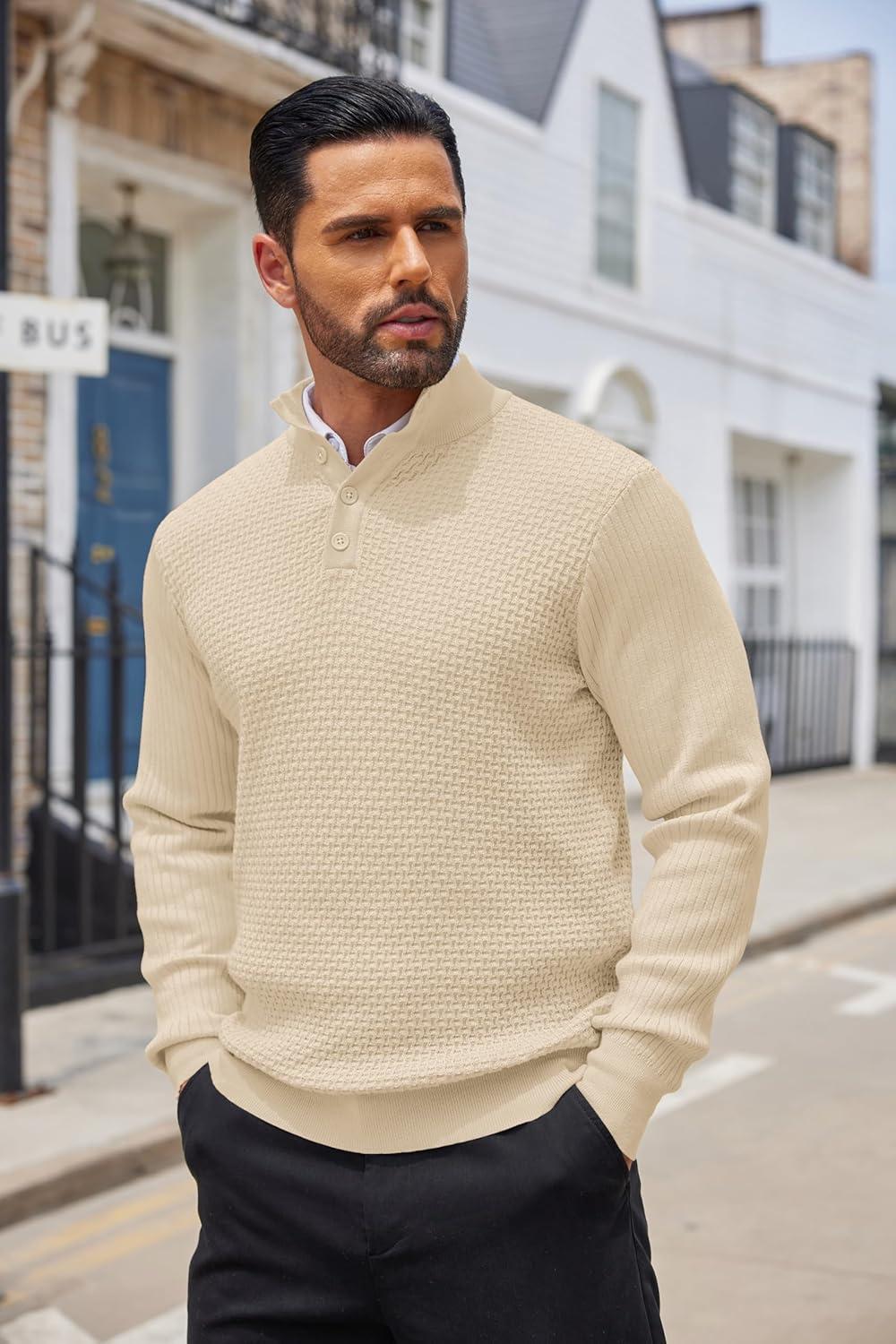imageCOOFANDY Mens Quarter Button Sweater Lightweight Mock Neck Pullover Sweater Fashion Casual Knitted Waffle Henley SweaterBeige
