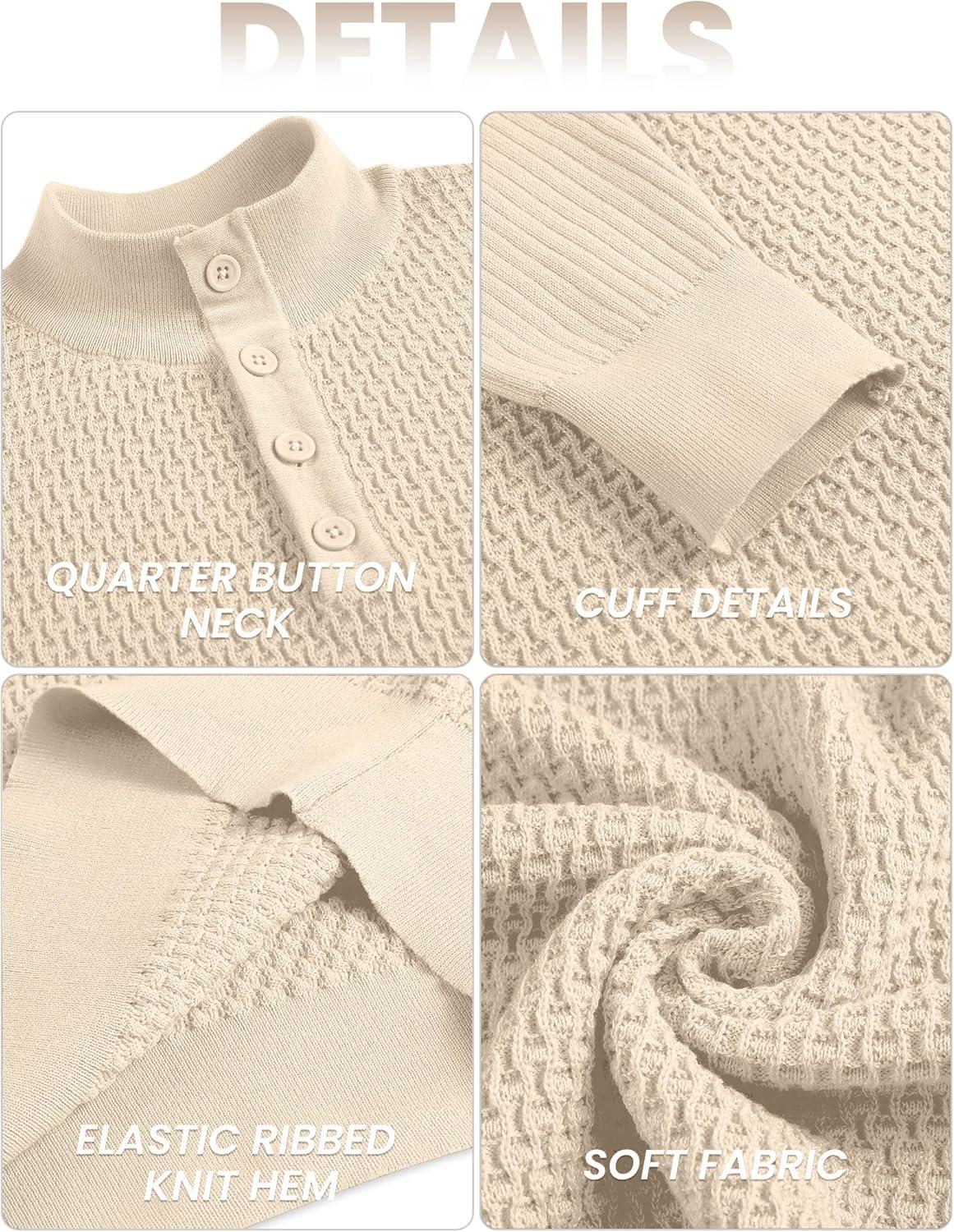imageCOOFANDY Mens Quarter Button Sweater Lightweight Mock Neck Pullover Sweater Fashion Casual Knitted Waffle Henley SweaterBeige