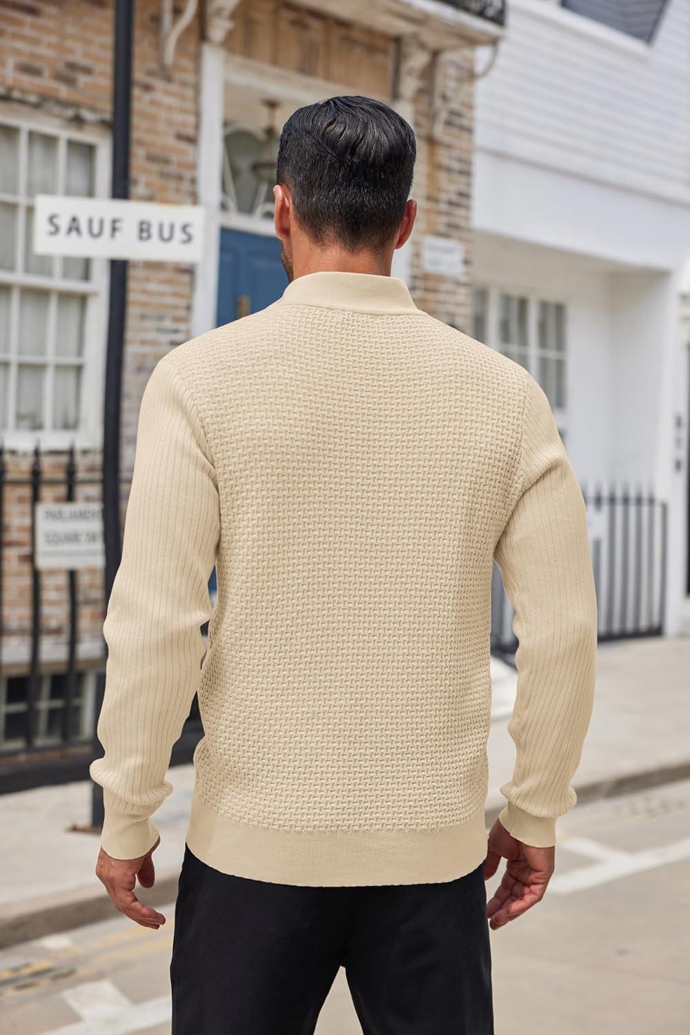 imageCOOFANDY Mens Quarter Button Sweater Lightweight Mock Neck Pullover Sweater Fashion Casual Knitted Waffle Henley SweaterBeige