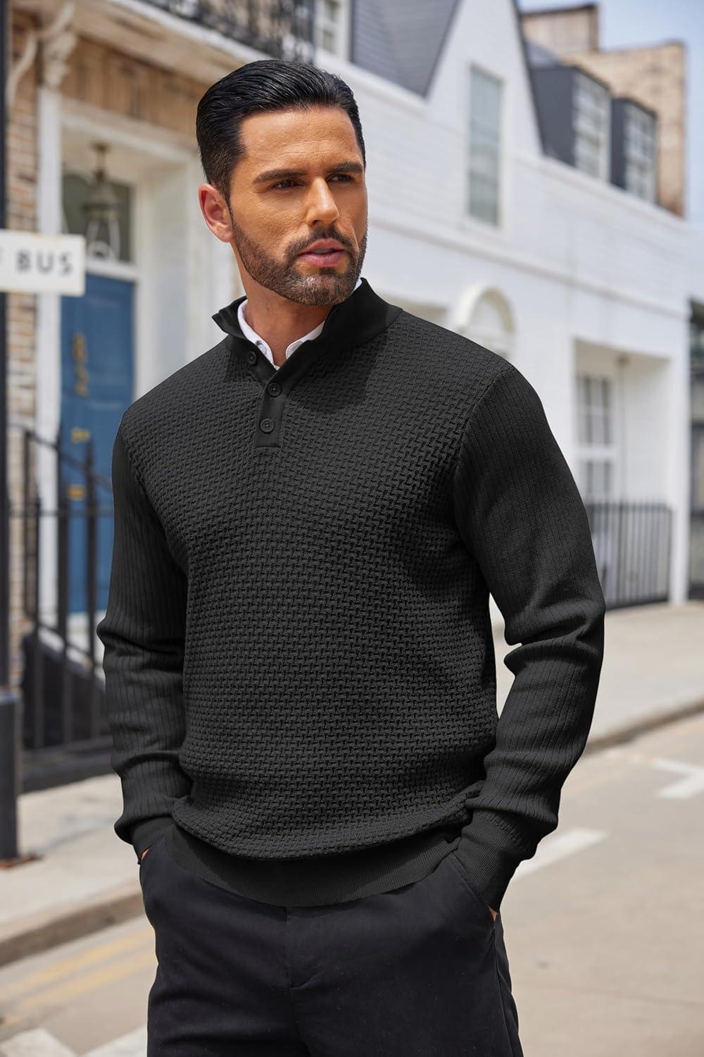 imageCOOFANDY Mens Quarter Button Sweater Lightweight Mock Neck Pullover Sweater Fashion Casual Knitted Waffle Henley SweaterBlack