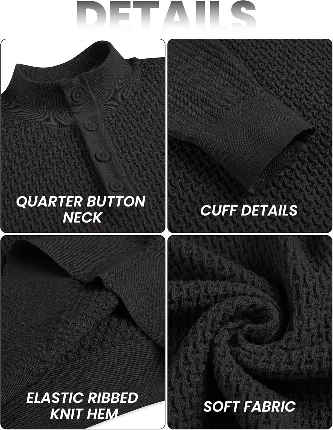 imageCOOFANDY Mens Quarter Button Sweater Lightweight Mock Neck Pullover Sweater Fashion Casual Knitted Waffle Henley SweaterBlack