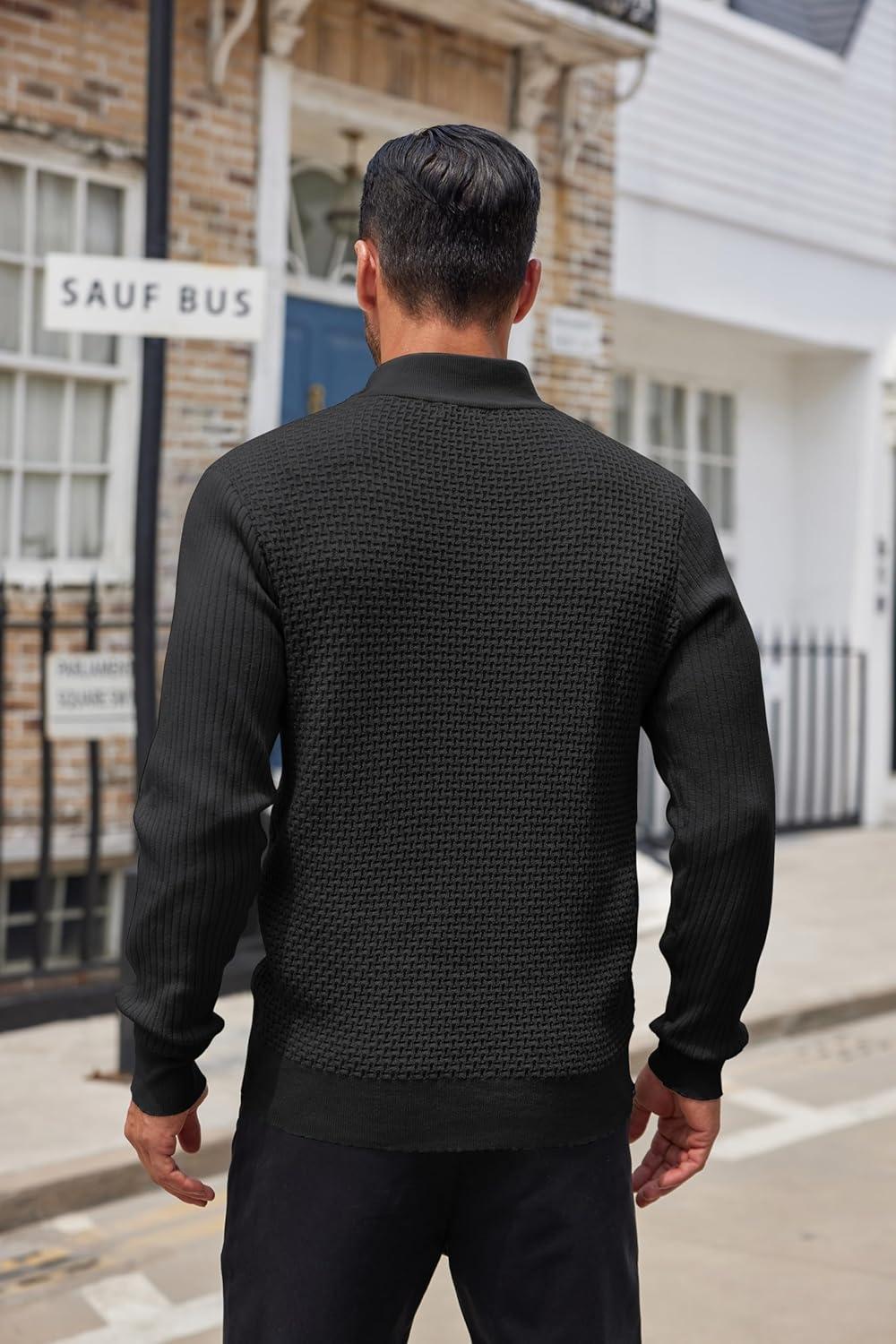 imageCOOFANDY Mens Quarter Button Sweater Lightweight Mock Neck Pullover Sweater Fashion Casual Knitted Waffle Henley SweaterBlack