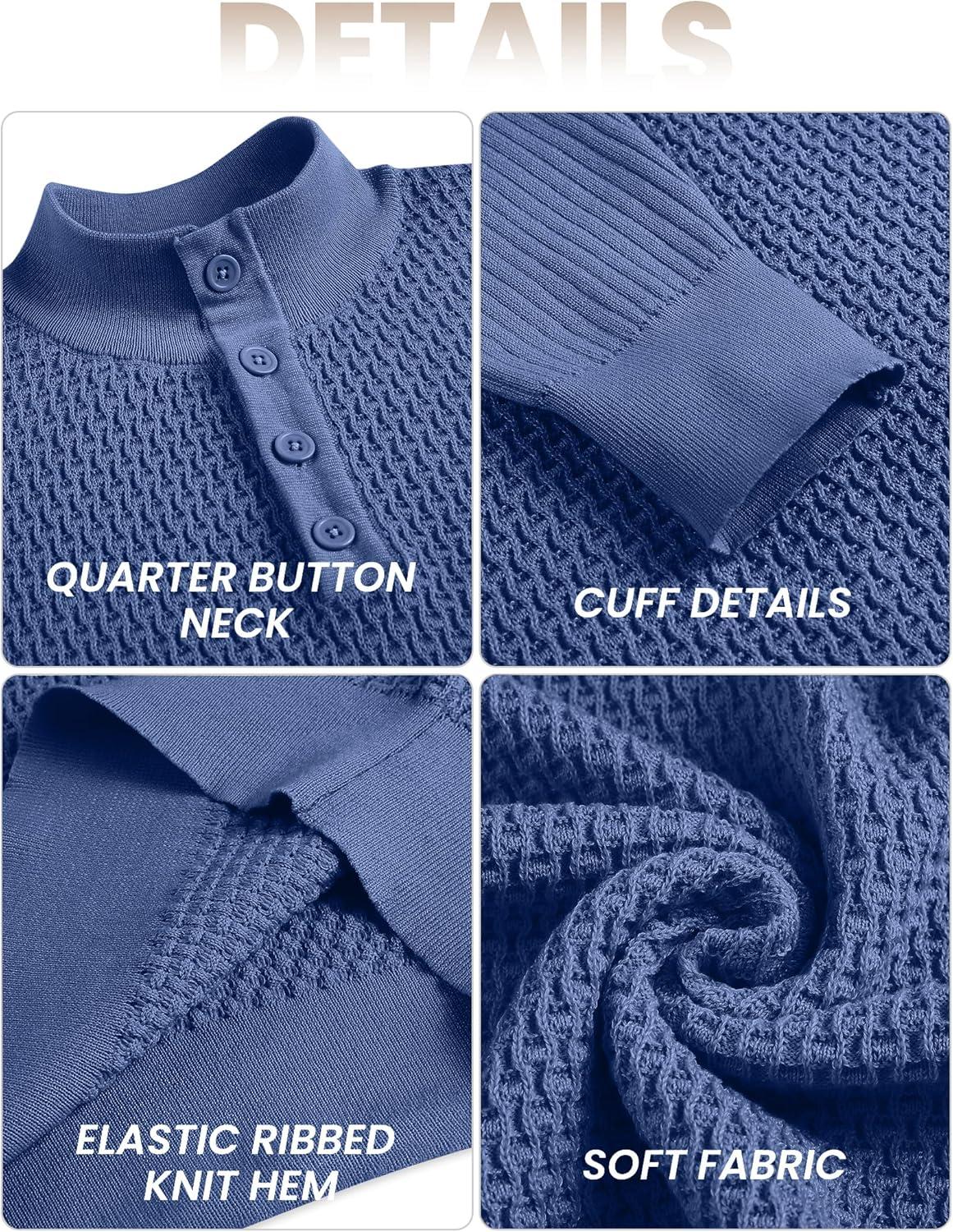 imageCOOFANDY Mens Quarter Button Sweater Lightweight Mock Neck Pullover Sweater Fashion Casual Knitted Waffle Henley SweaterBlue