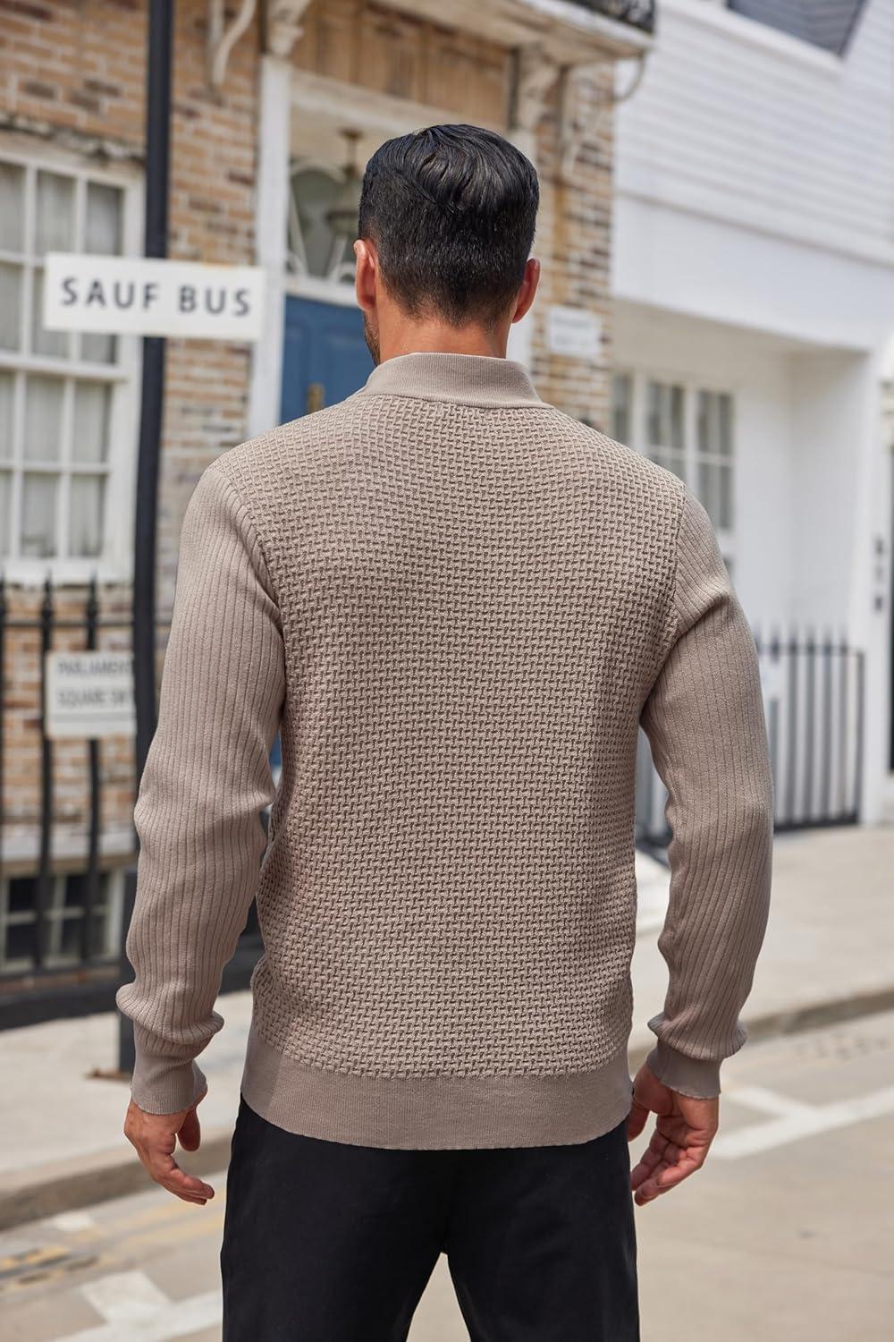 imageCOOFANDY Mens Quarter Button Sweater Lightweight Mock Neck Pullover Sweater Fashion Casual Knitted Waffle Henley SweaterBrown and Grey