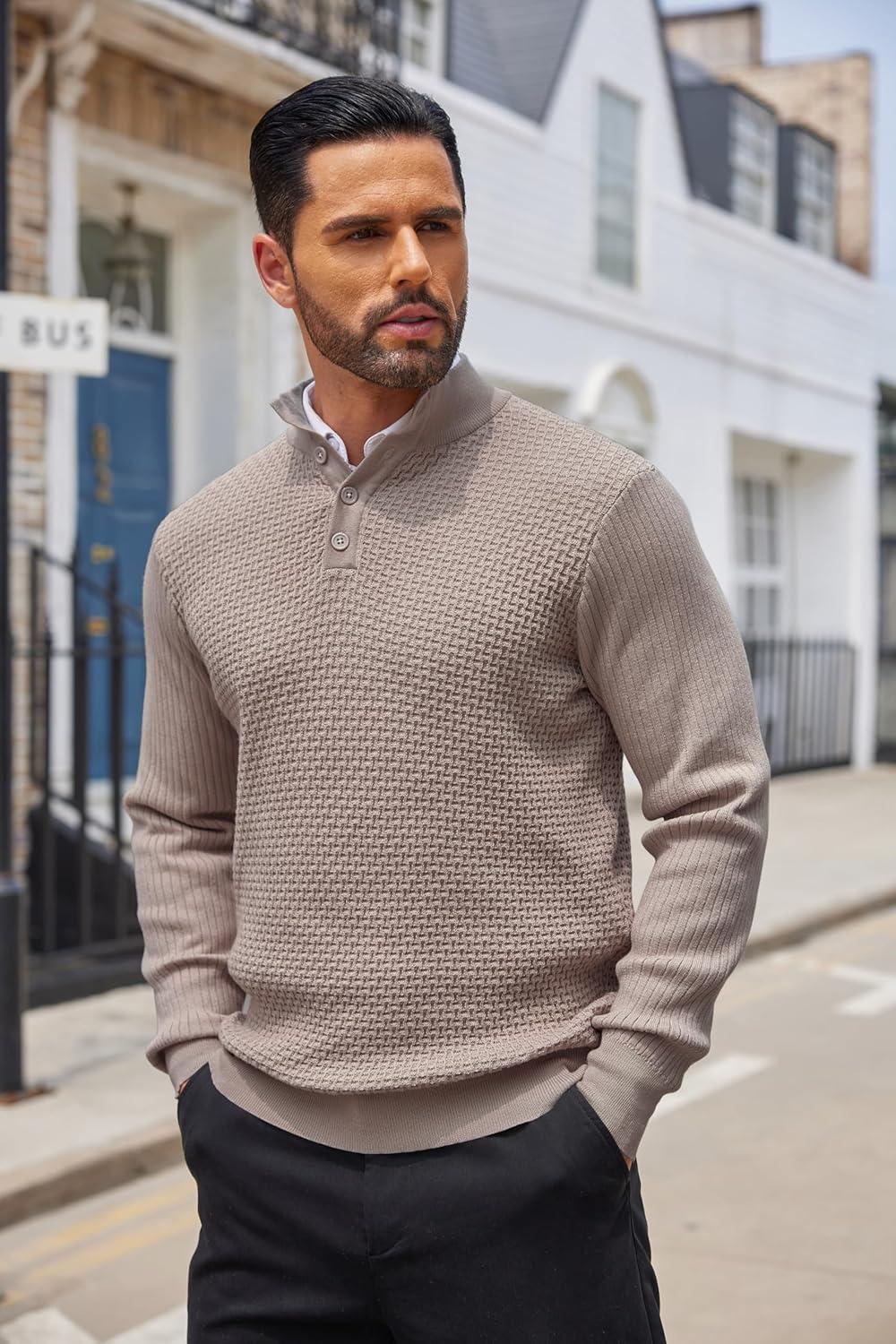 imageCOOFANDY Mens Quarter Button Sweater Lightweight Mock Neck Pullover Sweater Fashion Casual Knitted Waffle Henley SweaterBrown and Grey