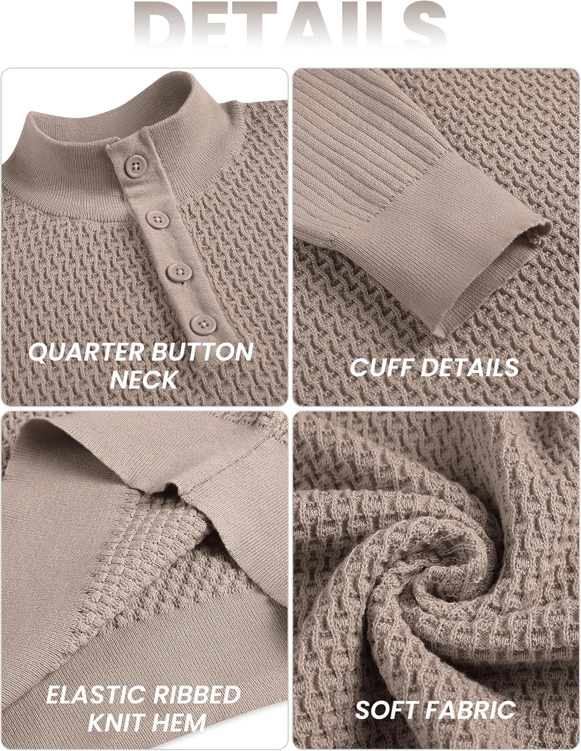 imageCOOFANDY Mens Quarter Button Sweater Lightweight Mock Neck Pullover Sweater Fashion Casual Knitted Waffle Henley SweaterBrown and Grey