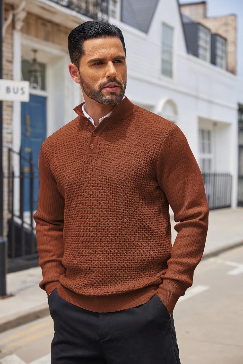 imageCOOFANDY Mens Quarter Button Sweater Lightweight Mock Neck Pullover Sweater Fashion Casual Knitted Waffle Henley SweaterCaramel