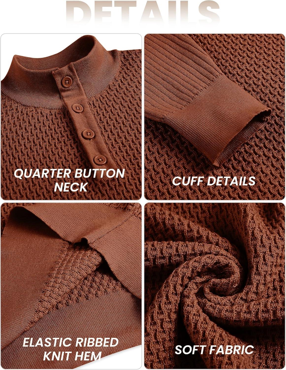 imageCOOFANDY Mens Quarter Button Sweater Lightweight Mock Neck Pullover Sweater Fashion Casual Knitted Waffle Henley SweaterCaramel