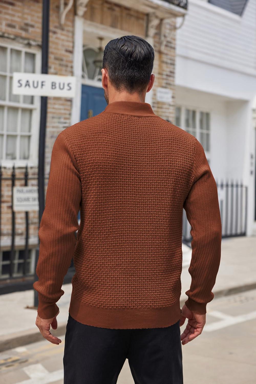 imageCOOFANDY Mens Quarter Button Sweater Lightweight Mock Neck Pullover Sweater Fashion Casual Knitted Waffle Henley SweaterCaramel