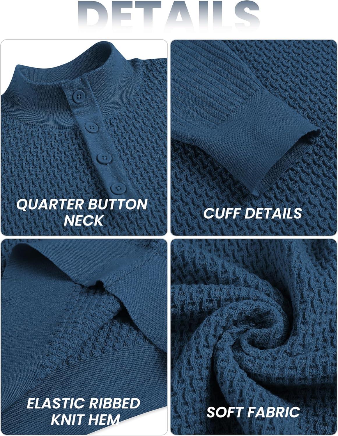 imageCOOFANDY Mens Quarter Button Sweater Lightweight Mock Neck Pullover Sweater Fashion Casual Knitted Waffle Henley SweaterDark Blue